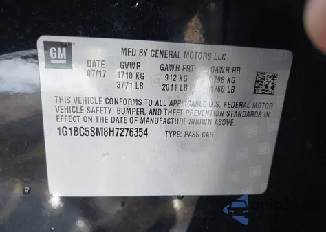 2017 Chevrolet Cruze Ls Auto из США, поврежденный, VIN 1G1BC5SM8H7276354